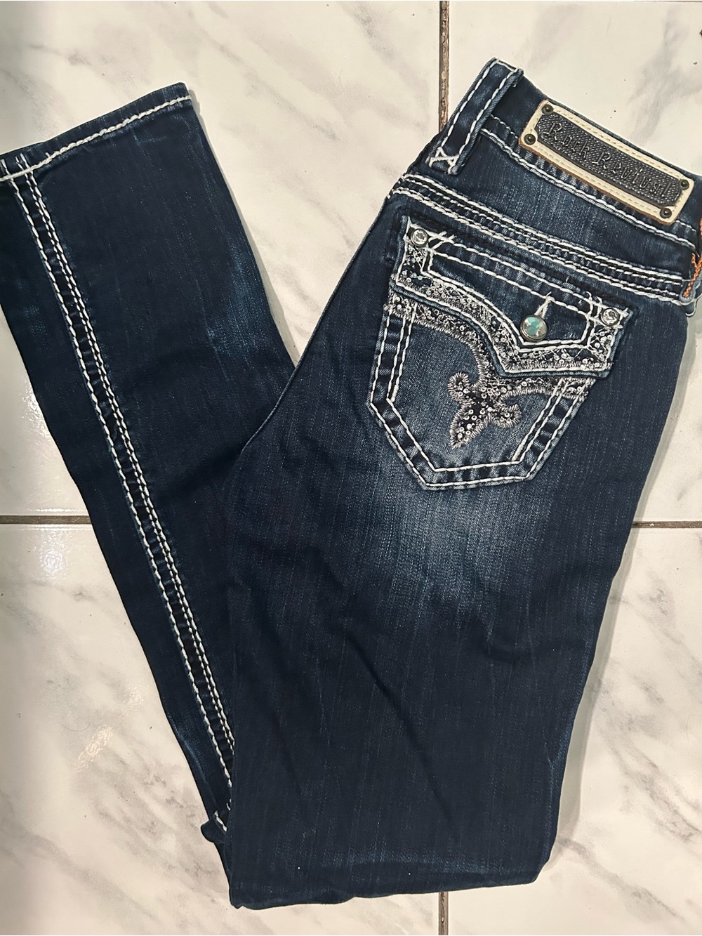 Rock Revival Dark Blue Boot Cut Jeans with Embellished Back Pocket
